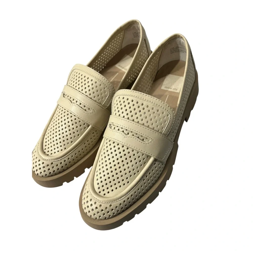 Dolce Vita Ersula Perforated Lug Sole Penny Loafers Ivory Cream Womens 9.5M‎